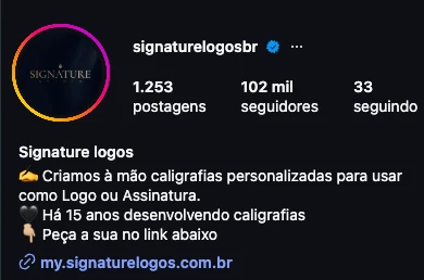 Perfil verificado da Signature Logos no Instagram, com 102 mil seguidores
