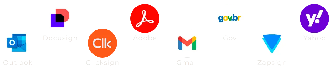 Outlook, Docusign, Adobe, Gmail, Gov.br, Clicksign, Zapsign e Yahoo